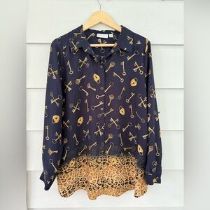 Susan Graver Blue Graphic Asymmetrical Long Sleeve Blouse